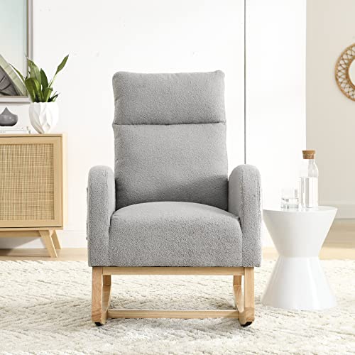 Sybrioka Modern Teddy Accent Rocking Chair,27" W Upholstered Glider Rocker for Baby and Kids,Two Side Pocket,Comfy Armchair, Living Room Lounge Arm Chair with High Backrest (Teddy, Grey)