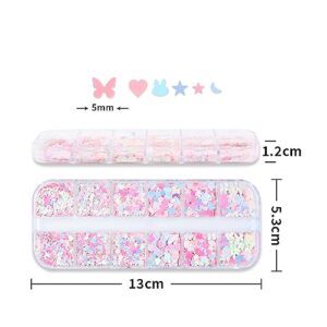 12 Grids Pink Laser Nail Glitter Sequins 3D Holographic Nail Glitter Flakes Sparkle Stars Moon Nail Sequins Heart Butterfly Nail Charms Accessories for Women DIY Eyes Nail Art Supplies Decorations