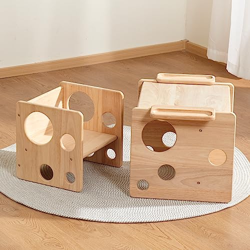 Woodtoe Montessori Weaning Table and Chair Set, Toddler Table and Chair Set, Natural Solid Wooden Kids Table Cube Chair for Boys and Girls, Montessori Furniture Birthday Gift for Children