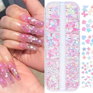 12 Grids Pink Laser Nail Glitter Sequins 3D Holographic Nail Glitter Flakes Sparkle Stars Moon Nail Sequins Heart Butterfly Nail Charms Accessories for Women DIY Eyes Nail Art Supplies Decorations