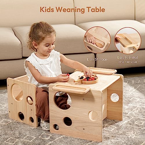 Woodtoe Montessori Weaning Table and Chair Set, Toddler Table and Chair Set, Natural Solid Wooden Kids Table Cube Chair for Boys and Girls, Montessori Furniture Birthday Gift for Children