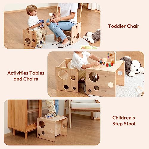 Woodtoe Montessori Weaning Table and Chair Set, Toddler Table and Chair Set, Natural Solid Wooden Kids Table Cube Chair for Boys and Girls, Montessori Furniture Birthday Gift for Children