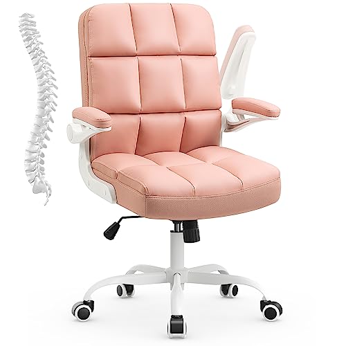 SEATZONE Home Office Desk Chairs Pink PU Leather Office Chair Comfortable Ergonomic Executive Computer Chairs for Women and Adults, Girls