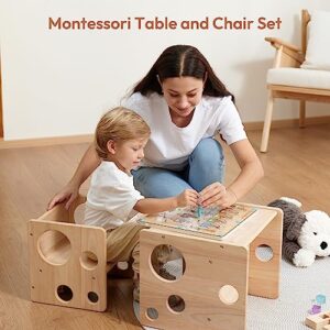 Woodtoe Montessori Weaning Table and Chair Set, Toddler Table and Chair Set, Natural Solid Wooden Kids Table Cube Chair for Boys and Girls, Montessori Furniture Birthday Gift for Children