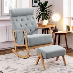 noblemood nursery rocking chair with ottoman, modern indoor baby nursing glider rocker chair with free lumbar pillow wooden armrest for living room (burlywood + gray)