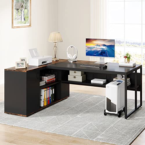 Tribesigns 71 inch Executive Desk, L Shaped Desk with Cabinet Storage, Executive Office Desk with Shelves, Business Furniture Desk Workstation for Home Office, Brown and Black