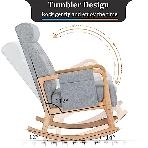 NOBLEMOOD Nursery Rocking Chair with Ottoman, Modern Indoor Baby Nursing Glider Rocker Chair with Free Lumbar Pillow Wooden Armrest for Living Room (Burlywood + Gray)