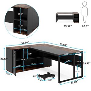 Tribesigns 71 inch Executive Desk, L Shaped Desk with Cabinet Storage, Executive Office Desk with Shelves, Business Furniture Desk Workstation for Home Office, Brown and Black