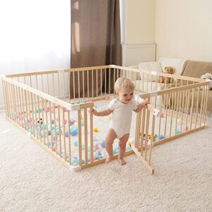 ggf baby playpen for toddler, wooden large baby playard, safety baby play fence with locking gate, 70.9 * 59.05 * 24inch