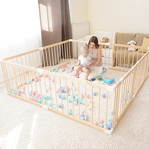 GGF Baby Playpen for Toddler, Wooden Large Baby Playard, Safety Baby Play Fence with Locking Gate, 70.9 * 59.05 * 24inch