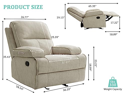 RISAR Oversized Rocker Recliner Chair, Ergonomic Nursery Manual Rocking Armchair Upholstered Thick backrest & Removable armrest Single Sofa Chair for Living Room (Beige)