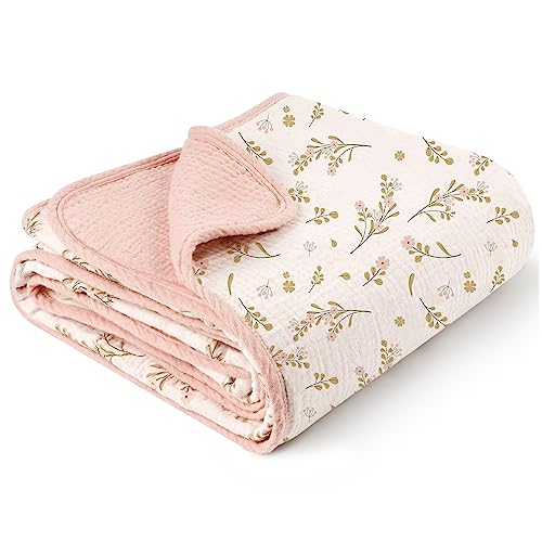 Toddler Blankets for Girls, Reversible Blanket 100% Cotton(Muslin) Baby Bed Blankets Super Soft Crib Blanket for Baby Infant Toddler 44"x47" (Pink Floral)