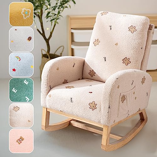 Modern Rocking Chair for Nursery High Back,Mid Century Accent Rocker Armchair With Side Pocket, Wooden Rocking Chair for Living Room Baby Kids Room,Nursing Comfy Chairs for Mom,Gift,Beige Boucle