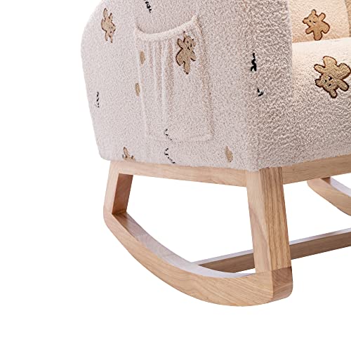 Modern Rocking Chair for Nursery High Back,Mid Century Accent Rocker Armchair With Side Pocket, Wooden Rocking Chair for Living Room Baby Kids Room,Nursing Comfy Chairs for Mom,Gift,Beige Boucle