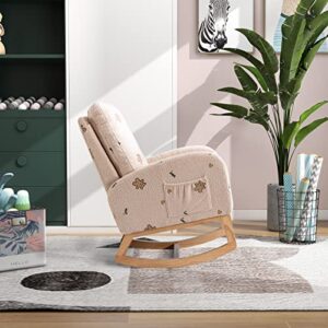 Modern Rocking Chair for Nursery High Back,Mid Century Accent Rocker Armchair With Side Pocket, Wooden Rocking Chair for Living Room Baby Kids Room,Nursing Comfy Chairs for Mom,Gift,Beige Boucle