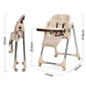 Foldable Highchair for Babies & Toddlers, Multiple Adjustable Backrest, Detachable PU Leather Cushion, Built-in Rear Wheels, PU Leather Cushion (Brown)