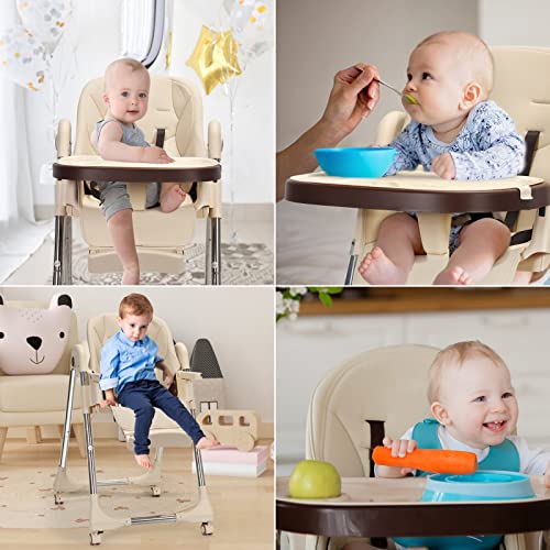 Foldable Highchair for Babies & Toddlers, Multiple Adjustable Backrest, Detachable PU Leather Cushion, Built-in Rear Wheels, PU Leather Cushion (Brown)