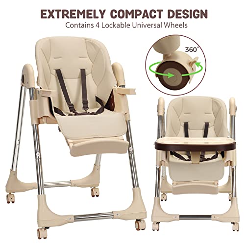Foldable Highchair for Babies & Toddlers, Multiple Adjustable Backrest, Detachable PU Leather Cushion, Built-in Rear Wheels, PU Leather Cushion (Brown)