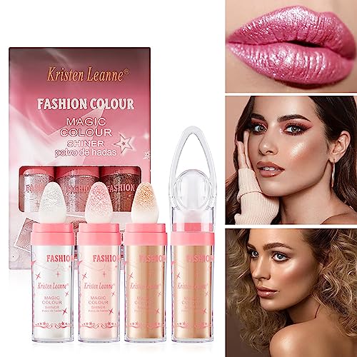 Pexihoap 3 Colors Body Glitter Set, Shimmer Face and Body Highlighter Powder with Sponge Head, High Gloss Fairy Glitter Sparkle Powder, Highlight Makeup for Hair Face Body Cosmetics