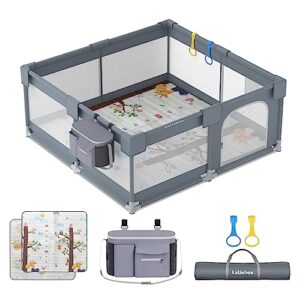 baby playpen with mat included - kidlebee 50” x 50” kids play pen toddler safety play yard infant fence indoor activity center with soft breathable mesh, anti-slip base, zipper gate (gray)