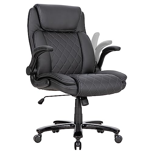 Executive Office Chair 400lbs Height Adjustable Swivel Chair with Padded Flip-up Arms, Leather Modern Conference Room Chairs, Ergonomic Desk Chair Thicken and Wide Seat for Heavy People (Black)