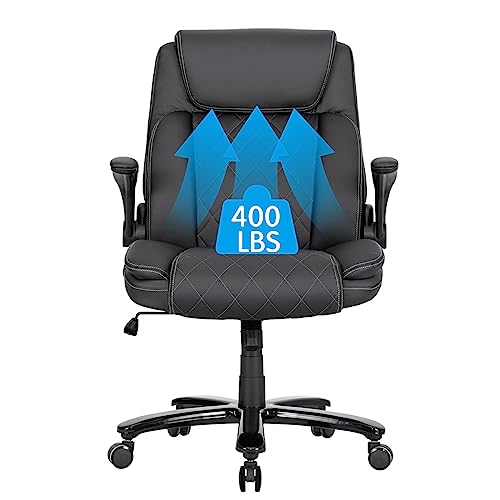 Executive Office Chair 400lbs Height Adjustable Swivel Chair with Padded Flip-up Arms, Leather Modern Conference Room Chairs, Ergonomic Desk Chair Thicken and Wide Seat for Heavy People (Black)