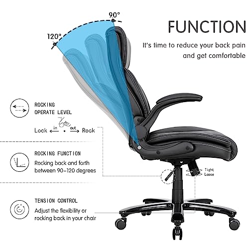 Executive Office Chair 400lbs Height Adjustable Swivel Chair with Padded Flip-up Arms, Leather Modern Conference Room Chairs, Ergonomic Desk Chair Thicken and Wide Seat for Heavy People (Black)