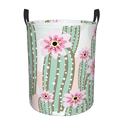 Cactus Pink Flowers Laundry Hamper With Handle Foldable Durable Laundry Basket Storage Bin Dirty Clothes Organizer Bag For Bedroom Bathroom Nursery