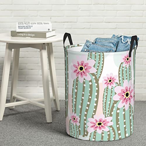 Cactus Pink Flowers Laundry Hamper With Handle Foldable Durable Laundry Basket Storage Bin Dirty Clothes Organizer Bag For Bedroom Bathroom Nursery