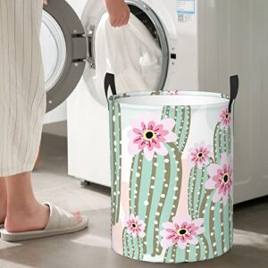 Cactus Pink Flowers Laundry Hamper With Handle Foldable Durable Laundry Basket Storage Bin Dirty Clothes Organizer Bag For Bedroom Bathroom Nursery