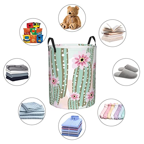 Cactus Pink Flowers Laundry Hamper With Handle Foldable Durable Laundry Basket Storage Bin Dirty Clothes Organizer Bag For Bedroom Bathroom Nursery