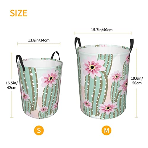 Cactus Pink Flowers Laundry Hamper With Handle Foldable Durable Laundry Basket Storage Bin Dirty Clothes Organizer Bag For Bedroom Bathroom Nursery