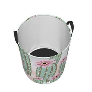 Cactus Pink Flowers Laundry Hamper With Handle Foldable Durable Laundry Basket Storage Bin Dirty Clothes Organizer Bag For Bedroom Bathroom Nursery