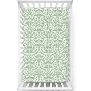 damask themed fitted mini crib sheets,portable mini crib sheets soft toddler mattress sheet fitted - great for boy or girl room or nursery,24“ x38“,reseda green pale green