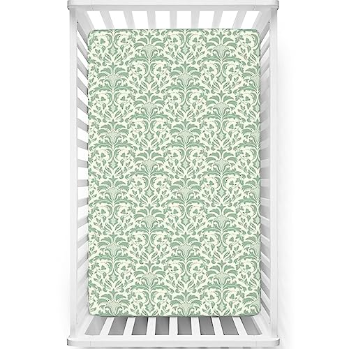 Damask Themed Fitted Mini Crib Sheets,Portable Mini Crib Sheets Soft Toddler Mattress Sheet Fitted - Great for Boy or Girl Room or Nursery,24“ x38“,Reseda Green Pale Green