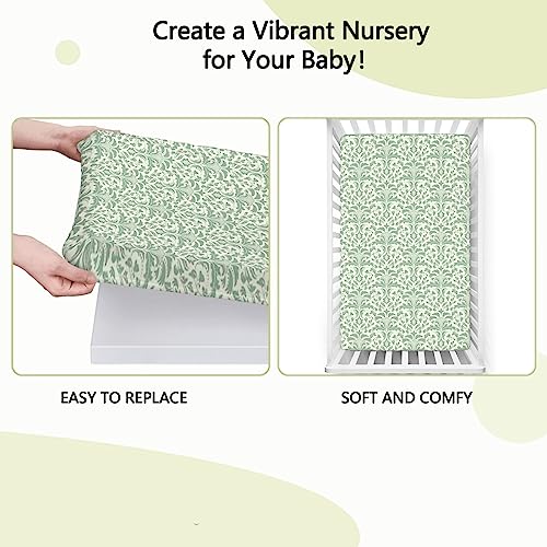 Damask Themed Fitted Mini Crib Sheets,Portable Mini Crib Sheets Soft Toddler Mattress Sheet Fitted - Great for Boy or Girl Room or Nursery,24“ x38“,Reseda Green Pale Green