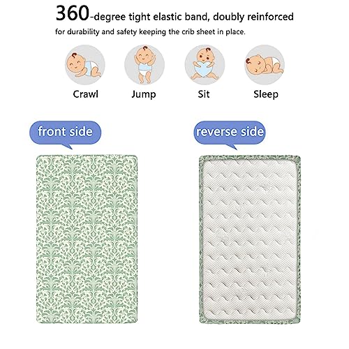 Damask Themed Fitted Mini Crib Sheets,Portable Mini Crib Sheets Soft Toddler Mattress Sheet Fitted - Great for Boy or Girl Room or Nursery,24“ x38“,Reseda Green Pale Green