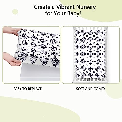 Damask Themed Fitted Crib Sheet,Standard Crib Mattress Fitted Sheet Soft & Stretchy Fitted Crib Sheet - Baby Sheet for Boys Girls,28“ x52“,Purple White