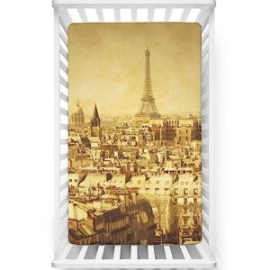 eiffel tower themed fitted mini crib sheets,portable mini crib sheets soft toddler mattress sheet fitted - great for boy or girl room or nursery,24“ x38“,brown