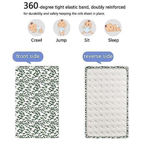 Eucalyptus Themed Fitted Crib Sheet,Standard Crib Mattress Fitted Sheet Soft & Stretchy Fitted Crib Sheet - Great for Boy or Girl Room or Nursery,28“ x52“,Hunter Green and White