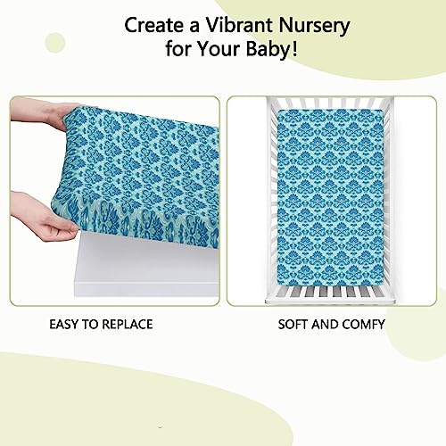 Damask Themed Fitted Crib Sheet,Standard Crib Mattress Fitted Sheet Soft Toddler Mattress Sheet Fitted - Baby Crib Sheets for Girl or Boy,28“ x52“,Seafoam Blue