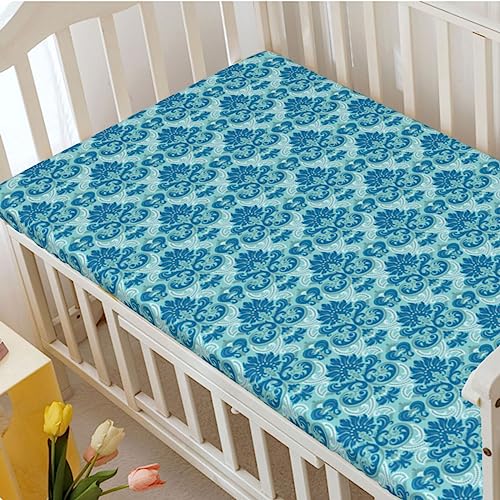 Damask Themed Fitted Crib Sheet,Standard Crib Mattress Fitted Sheet Soft Toddler Mattress Sheet Fitted - Baby Crib Sheets for Girl or Boy,28“ x52“,Seafoam Blue