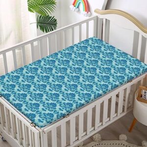 Damask Themed Fitted Crib Sheet,Standard Crib Mattress Fitted Sheet Soft Toddler Mattress Sheet Fitted - Baby Crib Sheets for Girl or Boy,28“ x52“,Seafoam Blue