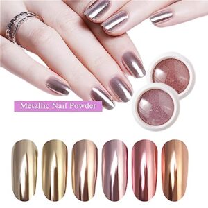 Chrome Nail Power Set, 6 Jars Metallic Chrome Nail Art Powder, Rose Gold Mirror Effect Pigment Glitter Dust Powder for Women DIY Manicure Nail Art Decorations