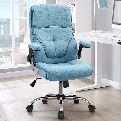 YAMASORO Ergonomic Executive Office Chair with Wheels,Linen Fabric Home Office Desk Chairs High Back Computer Chairs with Back Support,Blue