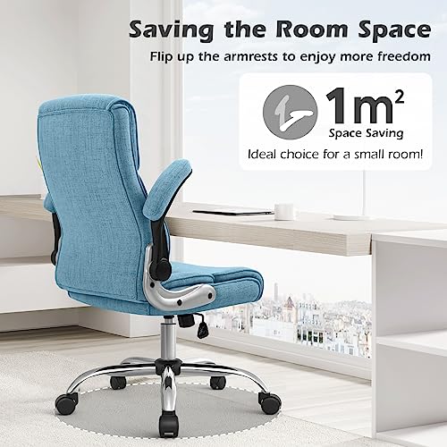 YAMASORO Ergonomic Executive Office Chair with Wheels,Linen Fabric Home Office Desk Chairs High Back Computer Chairs with Back Support,Blue