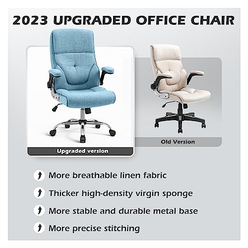 YAMASORO Ergonomic Executive Office Chair with Wheels,Linen Fabric Home Office Desk Chairs High Back Computer Chairs with Back Support,Blue