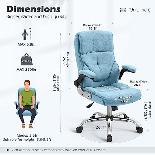 YAMASORO Ergonomic Executive Office Chair with Wheels,Linen Fabric Home Office Desk Chairs High Back Computer Chairs with Back Support,Blue