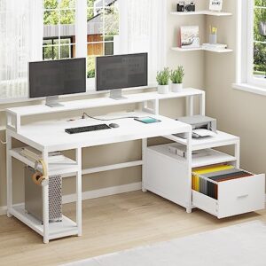 sedeta white computer desk with file drawer and power outlet, 66'' home office desk with drawer, storage shelves and printer shelf, computer table study writing desk workstation with monitor shelf