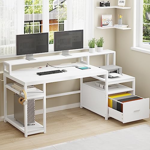 SEDETA White Computer Desk with File Drawer and Power Outlet, 66'' Home Office Desk with Drawer, Storage Shelves and Printer Shelf, Computer Table Study Writing Desk Workstation with Monitor Shelf